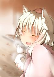 Rule 34 | 1girl, :d, ^ ^, animal ears, baozi, blanket, blush, eating, eyebrows, closed eyes, facing viewer, fang, fingernails, food, food on face, hat, highres, inubashiri momiji, open mouth, pom pom (clothes), shishi juuroku, short hair, smile, solo, thick eyebrows, tokin hat, touhou, wolf ears