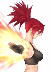 Rule 34 | 1girl, anagumasan, armpits, bare shoulders, black gloves, breasts, earrings, fire, from side, gloves, highres, jewelry, leona heidern, military, orochi leona, ponytail, red eyes, red hair, serious, snk, tank top, the king of fighters, the king of fighters all-stars, the king of fighters xiii