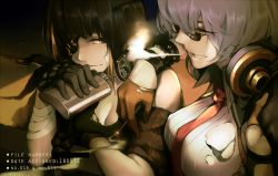 Rule 34 | 2girls, armband, bad id, bad pixiv id, bandaged arm, bandages, black hair, blonde hair, braid, breasts, brown eyes, cigarette, cleavage, drinking, elbow rest, eyepatch, flask, girls&#039; frontline, glasses, gloves, headphones, highres, holding, holding cigarette, holding flask, large breasts, long hair, looking at another, looking over eyewear, looking over glasses, m16a1 (girls&#039; frontline), md5 mismatch, mole, mole under eye, multicolored hair, multiple girls, necktie, parted lips, red eyes, reroi, resolution mismatch, scar, shirt, short hair, silver hair, smile, smoking, streaked hair, sunglasses, thompson (girls&#039; frontline), tinted eyewear, torn clothes