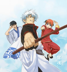 Rule 34 | 00s, 1girl, 2boys, :d, black hair, blunt bangs, china dress, chinese clothes, dress, fighting stance, gintama, grin, holding, holding sword, holding weapon, kagura (gintama), long sleeves, looking at viewer, multiple boys, open mouth, outstretched arm, red dress, sakata gintoki, sash, shimura shinpachi, short hair, silver hair, smile, spiked hair, standing, sweatdrop, sword, teeth, tunic, unsheathed, weapon