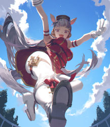 Rule 34 | 1girl, animal ears, blunt bangs, boots, brown headwear, chest belt, chest harness, dress, ear covers, earphones, fajyobore, from below, gloves, gold ship (umamusume), hair ribbon, harness, headwear request, horse ears, horse girl, horse tail, long hair, looking at viewer, looking down, pantyhose, pink eyes, purple ribbon, red dress, ribbon, short dress, silver hair, sleeveless, sleeveless dress, tail, thigh boots, thighhighs, thighs, umamusume, underbust, v, very long hair, white gloves, white thighhighs