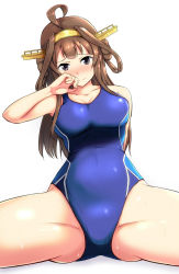 Rule 34 | 10s, 1girl, ahoge, arm up, bad id, bad pixiv id, blue one-piece swimsuit, blunt bangs, blush, breasts, cleavage, competition swimsuit, hand to own mouth, head tilt, headgear, kantai collection, kongou (kancolle), large breasts, long hair, nose blush, one-piece swimsuit, purple eyes, shigure ryuunosuke, simple background, sitting, skin tight, smile, solo, spread legs, sweatdrop, swimsuit, white background