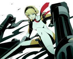 Rule 34 | 1girl, aegis (persona), android, atlus, blonde hair, blue eyes, hanpetos, joints, necktie, persona, persona 3, persona 4: the ultimate in mayonaka arena, robot joints, short hair, simple background, smile, solo