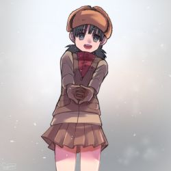 Rule 34 | 1girl, artist name, bad id, bad pixiv id, black gloves, black hair, black skirt, black vest, blue eyes, brown hat, commentary, cowboy shot, fur hat, girls und panzer, gloves, green jacket, grey sky, hat, highres, interlocked fingers, jacket, long sleeves, looking at viewer, low twintails, military, military uniform, miniskirt, nina (girls und panzer), open mouth, overcast, own hands together, pleated skirt, pravda military uniform, red shirt, shirt, short hair, short twintails, signature, skirt, sky, smile, snow, solo, standing, torihada ichirou, turtleneck, twintails, uniform, ushanka, vest