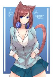 Rule 34 | 1girl, absurdres, animal ears, aqua skirt, blue cardigan, blue eyes, breasts, brown hair, cardigan, cat ears, cat girl, cat tail, cleavage, closed mouth, collared shirt, commentary, go-toubun no hanayome, headphones, headphones around neck, highres, large breasts, long hair, looking at viewer, nakano miku, nuggetkouhai, pleated skirt, shirt, skirt, solo, tail, white shirt