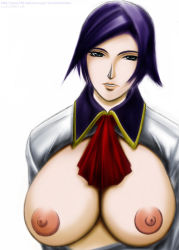Rule 34 | 1girl, blue eyes, breasts, elisabeth blanctorche, huge breasts, lucretia, nipples, open clothes, open shirt, purple hair, shirt, short hair, snk, solo, the king of fighters