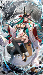 Rule 34 | 1girl, absurdres, asymmetrical gloves, black hair, breasts, colored inner hair, detached sleeves, dragon, eastern dragon, fingerless gloves, fuyuki (neigedhiver), gloves, gradient eyes, granblue fantasy, green hair, hand fan, highres, horns, large breasts, long hair, mismatched gloves, mole, mole under mouth, multicolored eyes, multicolored hair, navel, partially fingerless gloves, payila (granblue fantasy), pointy ears, see-through, smile, thighhighs, toeless legwear, wide sleeves
