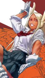 1boy, 1girl, 4o080 yotabnc, animal ears, black skirt, boku no hero academia, bow, bowtie, bunny ears, commentary request, dark skin, dark skinned female, feathered wings, gloves, hand on another&#039;s shoulder, hawks (boku no hero academia), highres, long eyelashes, long hair, mirko, pleated skirt, rabbit girl, red eyes, red neckwear, school uniform, skirt, smile, solo focus, teeth, two-tone background, white background, white gloves, white hair, wings