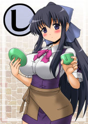 Rule 34 | 1girl, apron, black hair, blue eyes, blue ribbon, blush, breasts, cahe tantei-bu, closed mouth, collared shirt, commentary request, cup, hair ribbon, hanazono shizuka, hands up, holding, holding cup, holding plate, large breasts, long hair, looking at viewer, plate, ribbon, shirt, sidelocks, solo, very long hair, white shirt, yokoi rego