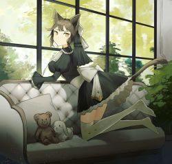 Rule 34 | 1girl, :&lt;, absurdres, animal ears, black dress, blush, bow, breasts, brown hair, cat ears, cat girl, cat tail, closed mouth, commentary request, couch, day, dress, hair ornament, highres, indoors, juliet sleeves, lifted by tail, long sleeves, looking at viewer, looking to the side, medium breasts, no shoes, on couch, original, puffy sleeves, shibainu, solo, stuffed animal, stuffed rabbit, stuffed toy, tail, tail raised, teddy bear, thighhighs, white bow, white thighhighs, window, yellow eyes