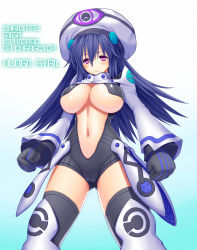 Rule 34 | 1girl, armor, asamura hiori, black legwear, blue hair, breasts, cameltoe, character request, frown, gloves, hat, highres, large breasts, long hair, navel, phantasy star, phantasy star universe, purple eyes, revealing clothes, underboob