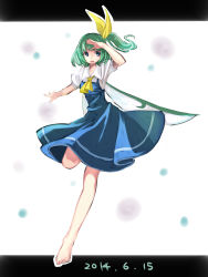 Rule 34 | 1girl, barefoot, blue eyes, bow, daiyousei, dated, full body, green hair, hair bow, hair ribbon, highres, letterboxed, namauni, open mouth, ribbon, short hair, side ponytail, simple background, sketch, solo, touhou, white background, wings