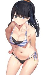 Rule 34 | 10s, 1girl, bad id, bad twitter id, bikini, black hair, blue eyes, breasts, cleavage, collarbone, gridman universe, hand on own hip, large breasts, looking at viewer, navel, ponytail, simple background, sola (solo0730), solo, ssss.gridman, stomach, swimsuit, takarada rikka, white background