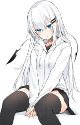 Rule 34 | 1girl, black shirt, black skirt, black thighhighs, blue eyes, blush, closed mouth, commentary request, feet out of frame, hair ornament, hairclip, highres, hood, hoodie, long hair, long sleeves, looking at viewer, open mouth, original, otokuyou, pleated skirt, ringo-chan (otokuyou), shirt, simple background, sitting, skirt, solo, thighhighs, white background, white hair, white hoodie, zettai ryouiki