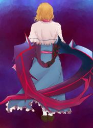 Rule 34 | 1girl, alice margatroid, arms behind back, blonde hair, blue dress, bois de justice, brown footwear, capelet, commentary, cookie (touhou), dies irae, dress, frilled capelet, frilled neckwear, frills, from behind, full body, heart, highres, hinase (cookie), long dress, mumu (0x3777), neckerchief, own hands together, pink neckerchief, pink sash, sash, shinza bansho series, shoes, short hair, socks, solo, standing, touhou, white capelet, white socks