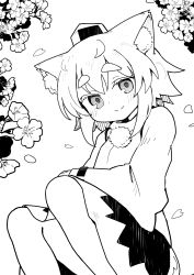 Rule 34 | 1girl, animal ear fluff, black skirt, blouse, cherry blossoms, feet out of frame, flower, greyscale, hat, highres, inubashiri momiji, kibisake, long sleeves, looking at viewer, medium hair, monochrome, petals, pom pom (clothes), shirt, simple background, skirt, smile, solo, thick eyebrows, tokin hat, touhou, white background, white shirt