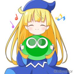 Rule 34 | 1girl, ^ ^, blonde hair, blue hat, blue shirt, blue skirt, blush, closed eyes, closed mouth, commentary request, eighth note, facing viewer, hat, holding, long hair, long sleeves, mitya, musical note, puyopuyo, quarter note, shirt, simple background, skirt, slime (creature), smile, solo, twitter username, very long hair, white background, wide sleeves, witch (puyopuyo)