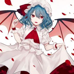 Rule 34 | 1girl, ascot, bad id, bad twitter id, bat wings, blue hair, brooch, commentary request, cowboy shot, daimaou ruaeru, dress, fangs, frilled shirt collar, frills, hair between eyes, hand up, hat, hat ribbon, highres, jewelry, looking at viewer, mob cap, nail polish, one-hour drawing challenge, open mouth, petals, petticoat, puffy short sleeves, puffy sleeves, red ascot, red eyes, red nails, red ribbon, remilia scarlet, ribbon, rose petals, short hair, short sleeves, simple background, skirt hold, slit pupils, smile, solo, touhou, white background, white dress, white hat, wings, wrist cuffs