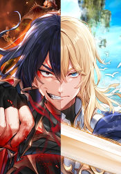 Rule 34 | 2boys, bird, black eyes, black gloves, black hair, blonde hair, blood, blue eyes, character request, closed mouth, copyright request, dragon, fingerless gloves, gloves, grin, holding, holding sword, holding weapon, hwansang jungdog, long hair, looking at viewer, male focus, multiple boys, official art, runes, smile, split theme, sword, upper body, veins, weapon