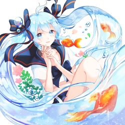 Rule 34 | 1girl, ahoge, blue bow, blue collar, blue eyes, blue hair, blue nails, blue ribbon, blue skirt, bottle miku, bow, bowtie, bubble, collar, collarbone, collared shirt, commentary, fish, flower, flying fish, goldfish, hair ribbon, hands up, hatsune miku, highres, knees up, leaf, liquid hair, looking at viewer, making-of available, midriff, miniskirt, nail polish, open mouth, own hands clasped, own hands together, plant, ribbon, ruk (spi1116), sailor collar, school uniform, shirt, sitting, skirt, smile, sparkle, striped ribbon, vocaloid, white shirt