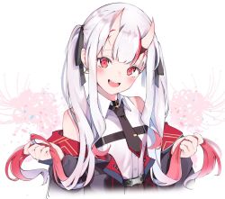 Rule 34 | 1girl, :d, auui, black necktie, black ribbon, blouse, blush, collared shirt, colored tips, commentary request, cropped torso, fang, floral background, hair ribbon, head tilt, highres, hololive, horns, jacket, long hair, long sleeves, looking at viewer, multicolored hair, nakiri ayame, nakiri ayame (streetwear), necktie, off shoulder, official alternate costume, open mouth, red eyes, red hair, ribbon, shirt, sleeveless, sleeveless shirt, smile, solo, streaked hair, twintails, upper body, very long hair, virtual youtuber, white background, white shirt