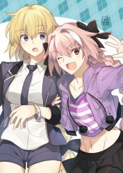 Rule 34 | 1boy, 1girl, astolfo (fate), astolfo (memories at trifas) (fate), black skirt, blazer, blonde hair, blue eyes, braid, casual, fang, fate/apocrypha, fate/grand order, fate (series), hair ribbon, highres, holding own arm, hood, hooded jacket, jacket, jeanne d&#039;arc (fate), jeanne d&#039;arc (girl from orleans) (fate), jeanne d&#039;arc (ruler) (fate), looking at viewer, miniskirt, multicolored hair, necktie, nikame, official alternate costume, open clothes, open jacket, open mouth, pantyhose, pink hair, red eyes, ribbon, short shorts, shorts, signature, single braid, skirt, smile, trap, white hair, wristband