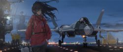 Rule 34 | 1girl, 2020, aircraft, aircraft carrier, airplane, artist name, black hair, blue eyes, blurry, closed mouth, cloud, commentary, cowboy shot, dated, depth of field, evening, floating hair, green pants, hair between eyes, hand in pocket, highres, holding, jet, long hair, looking away, looking to the side, military, military vehicle, original, outdoors, pants, runway, scenery, ship, sky, solo focus, standing, su-57, vehicle focus, warship, watercraft, wind, xilmo