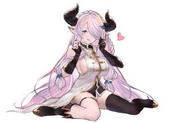 Rule 34 | 1girl, asymmetrical footwear, bare shoulders, black gloves, blush, boots, braid, breasts, commentary request, draph, elbow gloves, fingerless gloves, full body, gloves, granblue fantasy, hair ornament, hair over one eye, hairclip, hands up, highres, horns, jikatarou, knee boots, large breasts, long hair, looking at viewer, low-tied long hair, narmaya (granblue fantasy), open mouth, pink hair, pointy ears, purple eyes, simple background, sitting, sleeveless, smile, solo, thigh boots, thigh strap, thighhighs, uneven footwear, wariza, white background