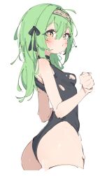 Rule 34 | 1girl, ass, black leotard, black ribbon, blush, breasts, from behind, goddess of victory: nikke, green hair, hair ribbon, hairband, kilo (nikke), leotard, long hair, looking at viewer, rasusurasu, ribbon, simple background, skin tight, small breasts, solo, sweat, torn clothes, torn leotard, white background, yellow eyes