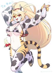 Rule 34 | 1girl, absurdly long hair, animal ears, animal print, arms up, artist name, bell, bikini, blonde hair, body fur, boots, bottle, breasts, chinese zodiac, choker, collarbone, commentary, commentary request, commission, cow print, cowbell, cropped jacket, facial mark, full body, fur-trimmed jacket, fur trim, furry, furry female, groin, high ponytail, highleg, highleg bikini, highres, jacket, kuronekochain, long hair, low-tied long hair, micro bikini, milk, milk bottle, navel, o-ring, o-ring bottom, open mouth, original, ponytail, print bikini, print jacket, print thighhighs, red eyes, side-tie bikini bottom, sideboob, signature, skeb commission, smile, solo, swimsuit, symbol-only commentary, tail, thigh boots, thighhighs, tiger ears, tiger girl, tiger tail, tongue, translucent hair, twitter username, underboob, very long hair, whisker markings, year of the ox, zipper, zipper pull tab