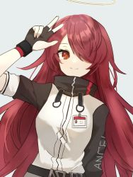 Rule 34 | 1girl, alternate hair length, alternate hairstyle, angel, arknights, black gloves, closed mouth, commentary request, exusiai (arknights), fingerless gloves, gloves, hair over one eye, halo, id card, jacket, long hair, mgmg cc211, orange eyes, raglan sleeves, red hair, solo, v, very long hair, white jacket