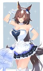 Rule 34 | 1girl, alternate costume, animal ears, arm garter, arms up, bare shoulders, breasts, brown hair, cleavage, dress, gloves, hand on own hip, highres, horse ears, horse girl, horse tail, large breasts, layered dress, long hair, looking at viewer, mmm (mmm623), one eye closed, red eyes, sirius symboli (umamusume), smile, solo, strapless, strapless dress, tail, teeth, thighhighs, tiara, umamusume, white dress, white gloves, white thighhighs