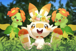 Rule 34 | :d, absurdres, bellossom, blurry, blush, brown eyes, commentary request, creatures (company), day, game freak, gen 2 pokemon, gen 8 pokemon, grass, highres, nintendo, no humans, one eye closed, open mouth, outdoors, pokemon, pokemon (creature), purobe, scorbunny, sitting, smile, teeth, toes, tongue, upper teeth only
