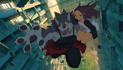 Rule 34 | 1boy, 1girl, apartment, black hair, blue eyes, body fur, building, carrying, carrying person, claws, clothes around waist, dress, fangs, foreshortening, furry, furry male, jumping, light particles, muscular, muscular male, nouzui, original, pawpads, reaching, short dress, shorts, shorts under skirt, wolf boy, yellow eyes