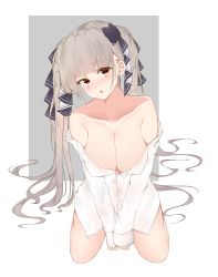 Rule 34 | 1girl, :o, absurdres, ayuko (mochiayuko), azur lane, bare shoulders, blush, breasts, cleavage, collarbone, collared shirt, commentary request, cross, cross earrings, dress shirt, earrings, eyelashes, formidable (azur lane), hair ribbon, head tilt, highres, jewelry, kneeling, large breasts, long hair, long sleeves, looking at viewer, naked shirt, no bra, off shoulder, open mouth, platinum blonde hair, red eyes, ribbon, shirt, sidelocks, solo, twintails, two-tone ribbon, very long hair, white shirt, wing collar
