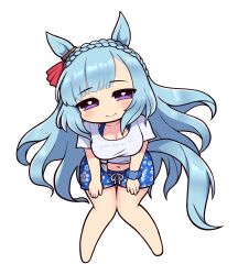 Rule 34 | 1girl, animal ears, blue hair, blue shorts, braid, breasts, chibi, cleavage, closed mouth, commentary request, crown braid, ear ornament, full body, gaze on me! outfit (umamusume), highres, horse ears, horse girl, horse tail, large breasts, long hair, looking at viewer, mejiro ardan (umamusume), purple eyes, scrunchie, shirt, shorts, simoyuki, simple background, smile, solo, tail, tied shirt, umamusume, very long hair, white background, white shirt, wrist scrunchie