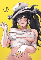 Rule 34 | 1girl, :d, absurdres, bandages, bare shoulders, black hair, breasts, chest sarashi, commentary request, cross, eyepatch, fang, hair between eyes, hand up, hat, highres, holding, holding syringe, medical eyepatch, medium breasts, mole, mole on breast, nurse cap, open mouth, original, red cross, rota (078), sarashi, simple background, smile, solo, stomach, syringe, yellow background, yellow eyes