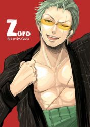 Rule 34 | 10s, 1boy, 2012, artist request, character name, earrings, glasses, green hair, haramaki, male focus, one-eyed, one piece, open clothes, open mouth, open shirt, roronoa zoro, scar, shirt, solo, sunglasses, tongue, tongue out