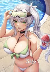 Rule 34 | :d, bare shoulders, bikini, black choker, blush, breasts, buran (22x), choker, cleavage, collarbone, commentary request, commission, food, from above, goggles, goggles on head, green eyes, grey hair, hair ornament, highres, holding, large breasts, long hair, looking at viewer, looking up, navel, open mouth, original, outdoors, pool, shaved ice, side ponytail, skeb commission, smile, solo, swimsuit, virtual youtuber, white bikini