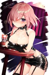 Rule 34 | 1girl, alternate costume, arm support, bare shoulders, black gloves, black panties, black skirt, blush, breasts, buckle, character name, cleavage, collar, collarbone, condensed milk, dominatrix, elbow gloves, fate/grand order, fate (series), food, fou (fate), garter straps, gloves, hair over one eye, highres, holding, large breasts, leaning forward, looking at viewer, mash kyrielight, microskirt, midriff, panties, pantyshot, pink hair, purple eyes, riding crop, sakura yuki (clochette), sexually suggestive, shiny clothes, short hair, skirt, solo, standing, suggestive fluid, table, thighhighs, thighs, twitter username, underwear, whip