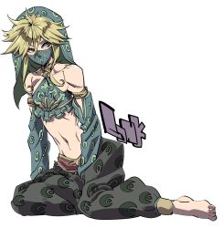 Rule 34 | 1boy, bare shoulders, barefoot, blonde hair, blue eyes, blush, character name, commentary request, crossdressing, detached sleeves, earrings, gerudo set (zelda), highres, jewelry, katana (life is beautiful), link, looking at viewer, male focus, midriff, mouth veil, navel, nintendo, official alternate costume, shiny skin, simple background, sitting, solo, stomach, the legend of zelda, the legend of zelda: breath of the wild, toned, trap, veil, white background
