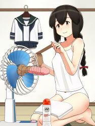 Rule 34 | 1girl, barefoot, black hair, blue sailor collar, braid, breasts, brown eyes, clothes hanger, dildo, electric fan, hair between eyes, hair ribbon, highres, indoors, isonami (kancolle), kantai collection, long hair, lotion bottle, panties, pleated skirt, ribbon, sailor collar, sex toy, sidelocks, sitting, skirt, small breasts, smile, solo, tank top, tape, towel, tussy, twin braids, underwear, white panties, white tank top