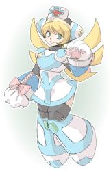 Rule 34 | 1girl, :d, android, animal hands, blonde hair, bow, cat paws, cinnamon (mega man), full body, graphite (medium), green eyes, hat, long hair, mega man (series), mega man x: command mission, mega man x (series), nurse, nurse cap, open mouth, simple background, smile, solo, thighhighs, tobitori, traditional media