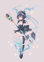 Rule 34 | 1girl, alice (sinoalice), asymmetrical legwear, aura, black hair, bow, card, dress, full body, hat, holding, holding staff, looking at viewer, open mouth, pantyhose, petticoat, puffy short sleeves, puffy sleeves, red eyes, ribbon, ringo (pixiv27995436), serious, short hair, short sleeves, simple background, sinoalice, solo, staff, standing, tan background, tattoo, top hat, uneven legwear