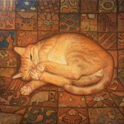 Rule 34 | animal, animal focus, cat, commentary request, full body, highres, karin hosono, looking at viewer, lying, no humans, on side, one eye closed, orange cat, original, painting (medium), solo, traditional media