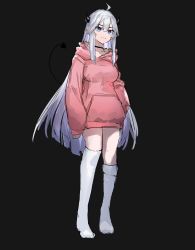 Rule 34 | 1girl, blue eyes, breasts, commentary, demon tail, english commentary, grey background, highres, hood, hoodie, indie virtual youtuber, large breasts, long hair, looking up, mixed-language commentary, official art, pointy ears, second-party source, solo, tail, vei (vtuber), vei (vtuber) (1st costume), very long hair, virtual youtuber, white hair