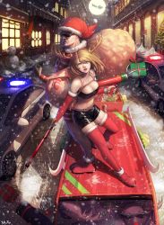 Rule 34 | 1boy, 1girl, antlers, back-to-back, backpack, bag, banajune, bandeau, bell, belt, black shorts, blonde hair, blue eyes, bodysuit, boots, box, breasts, building, car, carrying over shoulder, chain, christmas, christmas tree, cleavage, clenched hand, closed mouth, detached sleeves, dual wielding, facial hair, facial mark, flag, flying, gift, gift box, grin, gun, hair between eyes, harpoon, harpoon gun, hat, holding, horns, ice, leaning on person, legs apart, long sleeves, looking at viewer, md5 mismatch, medium breasts, midriff, moon, motor vehicle, mustache, navel, night, night sky, on vehicle, original, outdoors, parted lips, pavement, police car, red footwear, red hat, red nose, reindeer, reindeer antlers, revision, sack, santa claus, santa costume, santa hat, shade, shadow, shoes, short shorts, shorts, sky, sled, smile, snow, snowing, snowman, socks, speargun, standing, star (symbol), storefront, strapless, striped, sunglasses, swept bangs, thigh boots, thighhighs, tube top, vehicle, weapon
