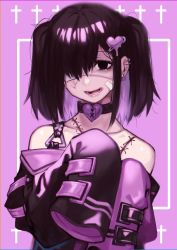Rule 34 | 1girl, bandage on face, bandages, bare shoulders, black choker, black eyes, choker, cross, doku-chan (dokkudokudoku), hair over one eye, highres, long sleeves, looking at viewer, open mouth, original, purple background, solo, stitches, teeth, twintails