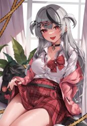 Rule 34 | 1girl, absurdres, alternate costume, belt, black belt, black hair, blush, breasts, cleavage, clothes lift, grey hair, hair ornament, hairpin, highres, hololive, kaguya (srx61800), large breasts, lifting own clothes, long hair, looking at viewer, multicolored hair, nail polish, o-ring, o-ring belt, open mouth, pink nails, pleated skirt, red eyes, red nails, sakamata chloe, shirt, skirt, skirt lift, smile, solo, streaked hair, two side up, virtual youtuber, white shirt, x hair ornament