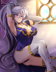 Rule 34 | 1girl, absurdres, adjusting hair, anklet, armpits, artist name, blush, breasts, choker, cleavage, collarbone, covered navel, day, dress, earrings, elbow gloves, fire emblem, fire emblem: genealogy of the holy war, gloves, gold trim, hair between eyes, hand in own hair, highres, indoors, ishtar (fire emblem), jewelry, long hair, looking at viewer, medium breasts, nintendo, panties, panty peek, parted lips, patreon username, ponytail, purple dress, purple eyes, purple panties, side slit, signature, silver hair, sitting, smile, solo, sunlight, thighhighs, thighs, underwear, vilde loh hocen, watermark, web address, white gloves, white thighhighs, window